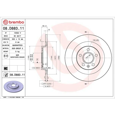 Bilde av BREMBO 08.D883.11 Bremseskiver 302 12 5 fullt ut belagt høy karbon VOLVO: XC40