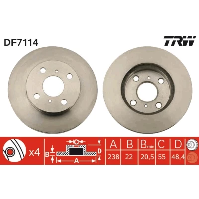 Bilde av TRW DF7114 Bremseskiver 238 22 4 100 ventilert spraylakkert TOYOTA: Corolla VIII Liftback, VII Sedan, Stasjonsvogn