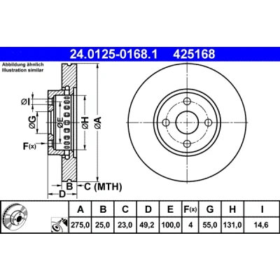 Bilde av ATE 24.0125 0168.1 Bremseskiver 275,0 25,0 4 100,0 ventilert belagt TOYOTA: Corolla IX Hatchback, Station Wagon, Verso