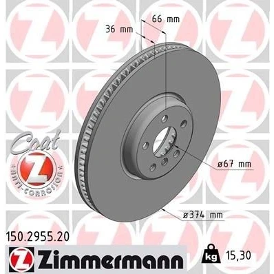 Bilde av ZIMMERMANN 150.2955.20 Bremseskiver 374 36 6/5 5 112 innvendig ventilert belagt høy karbon BMW: Touring, 7, Sedan