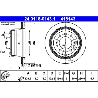 Bilde av ATE 24.0118 0143.1 Bremseskiver 329,2 18,0 5 150,0 ventilert belagt TOYOTA: Land Cruiser 100, Prado 70 SUV, Pick up