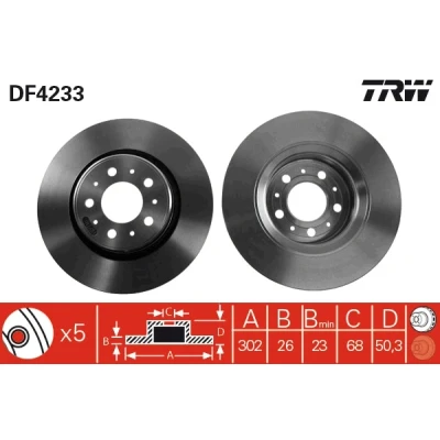 Bilde av TRW DF4233 Bremseskiver 302 26 5 108 ventilert spraylakkert VOLVO: XC70 I Cross Country, V70 I, 850 Stasjonsvogn