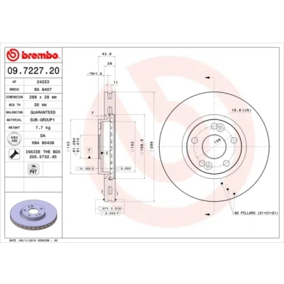 Bilde av BREMBO 09.7227.20 Bremseskiver 288 28 5 innvendig ventilert med skruer RENAULT: ESPACE 3