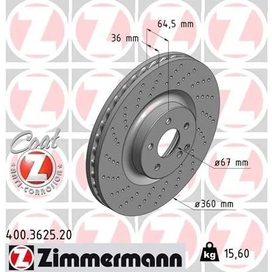 Bilde av ZIMMERMANN COAT Z 400.3625.20 Bremseskiver 360 36 6/5 5 112 innvendig ventilert, hullet belagt MERCEDES BENZ: E Klasse T modell, Sedan