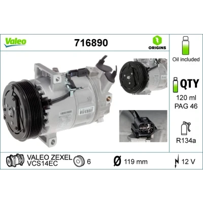 Bilde av VALEO 716890 Kompressor VCS14EC 12 PAG 46 R 134a med kompressorlje