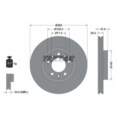 Bilde av TEXTAR PRO 92267903 Bremseskiver 283 26 05/08 108 innvendig ventilert belagt uten hjulfestebolt, hjulnav PEUGEOT: 308 SW 2, II Hatchback