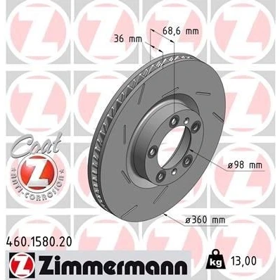 Bilde av ZIMMERMANN COAT Z 460.1580.20 Bremseskiver 360 36 7/5 5 130 innvendig ventilert, med sliss belagt høy karbon PORSCHE: Panamera