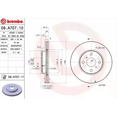 Bilde av BREMBO COATED DISC LINE 09.A707.11 Bremseskiver 255 22 4 innvendig ventilert belagt TOYOTA: Yaris II Hatchback, III iQ