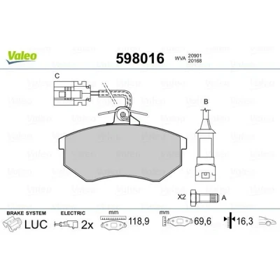Bilde av VALEO 598016 Bremseklosser framaksel inkl. slitasjevarselkontakt med sikringsskruesett, uten antiskrike blikk VOLKSWAGEN: GOLF 2, 3