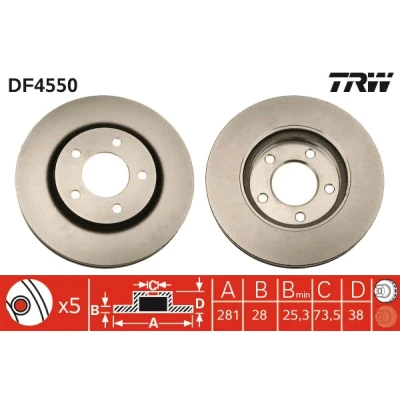 Bilde av TRW DF4550 Bremseskiver 281 28 5 114,3 ventilert spraylakkert høy karbon CHRYSLER: VOYAGER 4