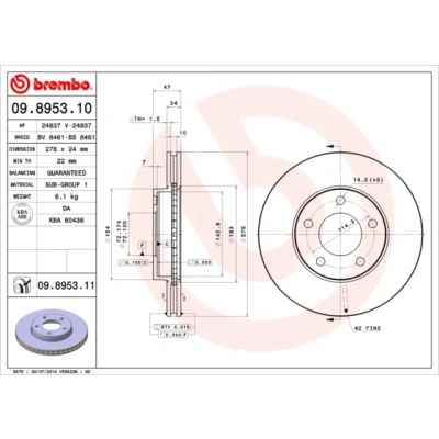 Bilde av BREMBO COATED DISC LINE 09.8953.11 Bremseskiver 278 24 5 innvendig ventilert belagt