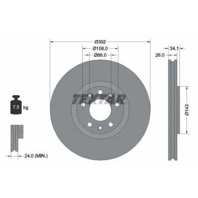 Bilde av TEXTAR PRO 92268103 Bremseskiver 302 26 05/08 108 innvendig ventilert belagt uten hjulfestebolt, hjulnav PEUGEOT: RCZ Coupé