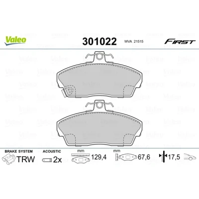 Bilde av VALEO 301022 Bremseklosser FIRST framaksel inkl. slitasjevarselkontakt uten antiskrike blikk LOTUS: Elise S1, HONDA: CIVIC 7 Hatchback