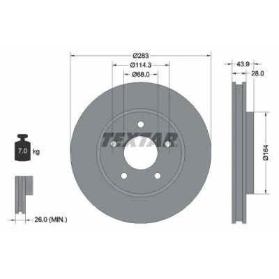 Bilde av TEXTAR PRO 92280103 Bremseskiver 283 28 05/05 114,3 innvendig ventilert belagt uten hjullager, hjulfestebolt, hjulnav NISSAN: Leaf I