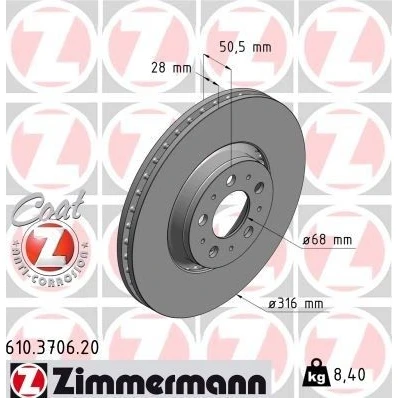 Bilde av ZIMMERMANN COAT Z 610.3706.20 Bremseskiver 316 28 10/5 5 108 utvendig ventilert belagt VOLVO: V70 2, XC90 I, S60 I