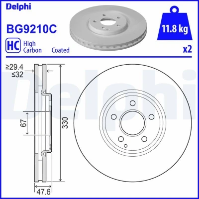 Bilde av DELPHI BG9210C Bremseskiver 330 32 5 ventilert belagt høy karbon uten hjullager, ABS sensorring MERCEDES BENZ: E Klasse T modell, Sedan