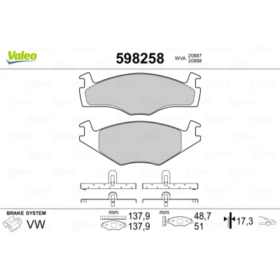 Bilde av VALEO 598258 Bremseklosser framaksel ekskl. slitasjevarselkontakt uten antiskrike blikk VOLKSWAGEN: Polo III Hatchback, II Hatchback
