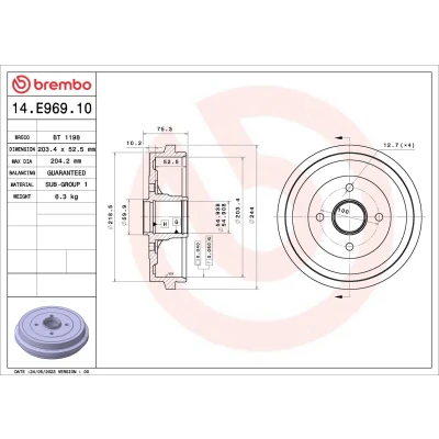 Bilde av BREMBO 14.E969.10 Bremsetrommel uten hjullagersett 203,4