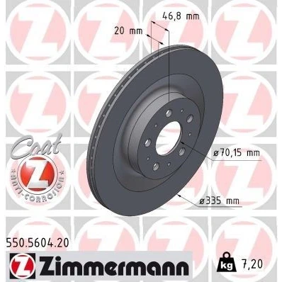 Bilde av ZIMMERMANN Bremseskive TESLA: Model Y 335mm 20mm 10/5 5 hull 114mm innvendig ventilert belagt høy karbon 550.5604.20 118863100A Bremseskiver