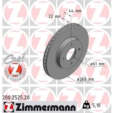 Bilde av ZIMMERMANN COAT Z 200.2525.20 Bremseskiver 260 22 4/4 4 100 innvendig ventilert belagt NISSAN: Note II Hatchback, MICRA