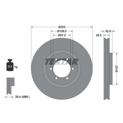 Bilde av TEXTAR PRO 92180003 Bremseskiver 303 28 06/06 108 innvendig ventilert belagt uten hjulfestebolt, hjulnav HYUNDAI: Terracan