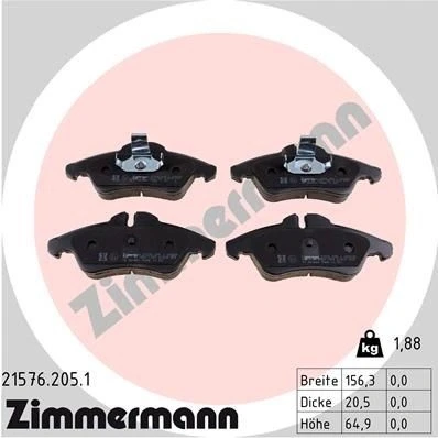 Bilde av ZIMMERMANN 21576.205.1 Bremseklosser klargjort for slitasjeindikator Bildet viser leveranseinnholdet MERCEDES BENZ: Sprinter 3 T Minibuss
