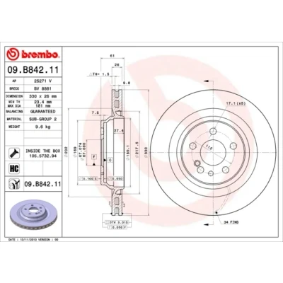 Bilde av BREMBO COATED DISC LINE 09.B842.11 Bremseskiver 330 26 5 innvendig ventilert belagt høy karbon med skruer MERCEDES BENZ: S Klasse Sedan