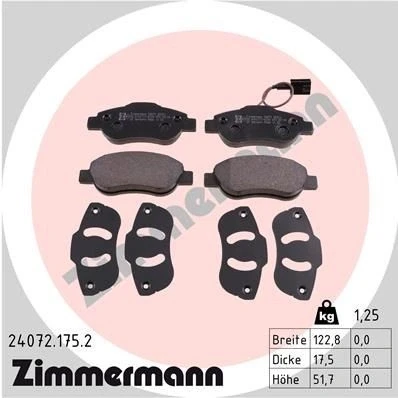 Bilde av ZIMMERMANN 24072.175.2 Bremseklosser inkl. slitasjevarselkontakt Bildet viser leveranseinnholdet FIAT: 500 Hatchback, C Cabrio, FORD: KA Hatchback
