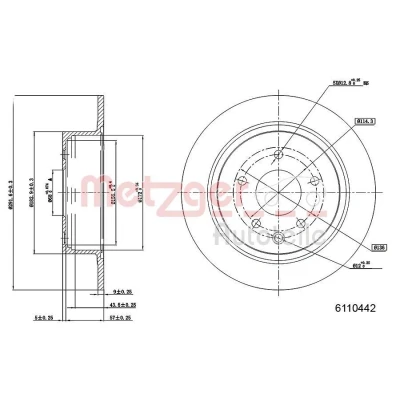 Bilde av METZGER 6110442 Bremseskiver bakaksel 291,8 9 5 114,3 fullt ut spraylakkert, Krysssliping NISSAN: Qashqai / Qashqai+2 I, NV200 Evalia Minibuss