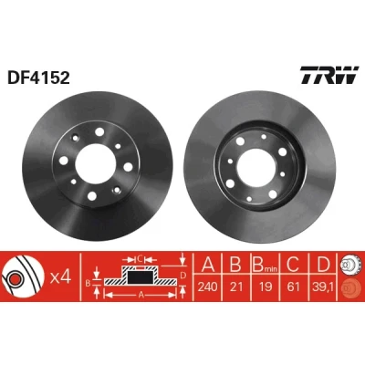 Bilde av TRW DF4152 Bremseskiver 240 21 4 100 ventilert spraylakkert HONDA: Jazz 2