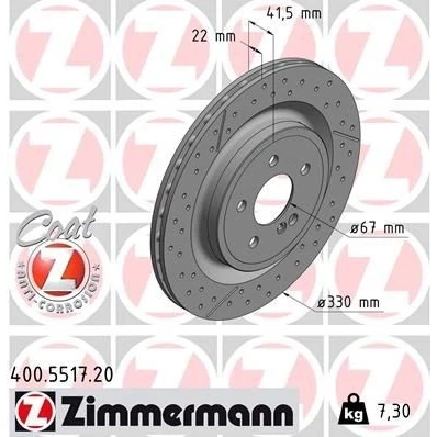 Bilde av ZIMMERMANN 400.5517.20 Bremseskiver 330 22 6/5 5 112 innvendig ventilert, slisset / perforert belagt høy karbon MERCEDES BENZ: A Klasse, CLA Coupé