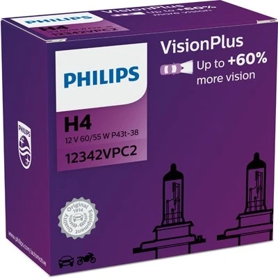 Bilde av Halogenpære PHILIPS VisionPlus H4 P43t 38, passer mange bilmodeller, 000 544 9094, 000000 000374, 025816, 030005050038, 072601 012803,