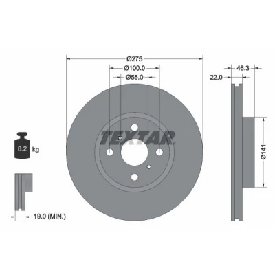Bilde av TEXTAR 92156200 Bremseskiver 275 22 04/06 100 innvendig ventilert uten hjulfestebolt, hjulnav TOYOTA: Yaris III Hatchback, II Hatchback