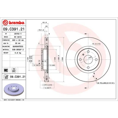 Bilde av BREMBO 09.C391.21 Bremseskiver 280 22 4 innvendig ventilert belagt høy karbon MAZDA: MX 5 IV
