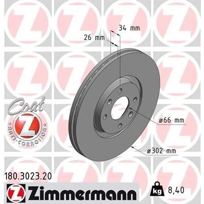 Bilde av ZIMMERMANN COAT Z 180.3023.20 Bremseskiver 302 26 6/4 4 108 utvendig ventilert belagt PEUGEOT: 207 Hatchback, 307 SW, Hatchback