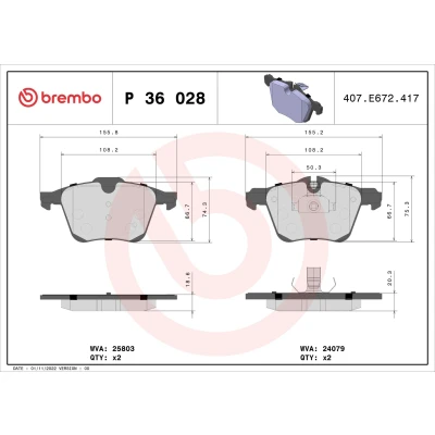 Bilde av BREMBO P 36 028 Bremseklosser klargjort for slitasjeindikator med antihyle blikk, kolbleklips uten tilbehør JAGUAR: F Type Cabrio, XF Sportbrake