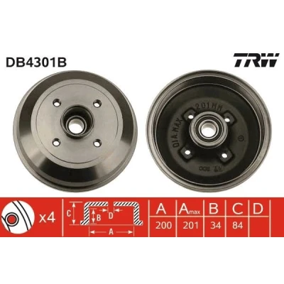 Bilde av TRW DB4301B Bremsetrommel med lager, uten ABS sensorring