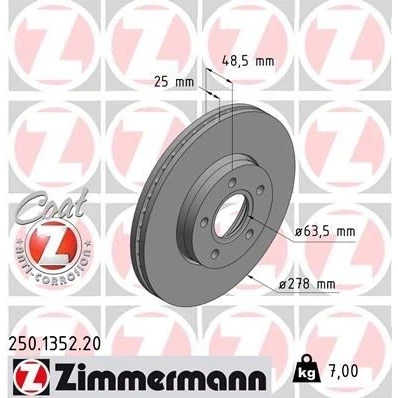 Bilde av ZIMMERMANN COAT Z 250.1352.20 Bremseskiver 278 25 5/5 5 108 innvendig ventilert belagt høy karbon FORD: Focus 3, 3 Turnier, 2 Kombi