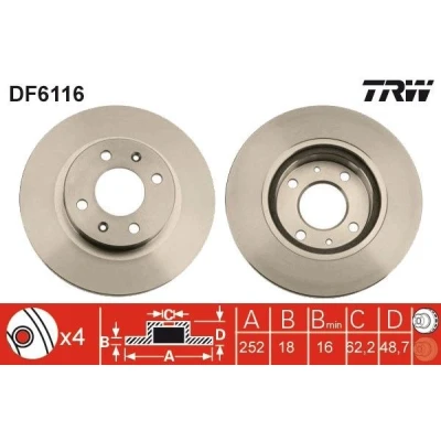 Bilde av TRW DF6116 Bremseskiver 252 18 4 100 ventilert spraylakkert KIA: Picanto II, I, HYUNDAI: i10 II Hatchback, I