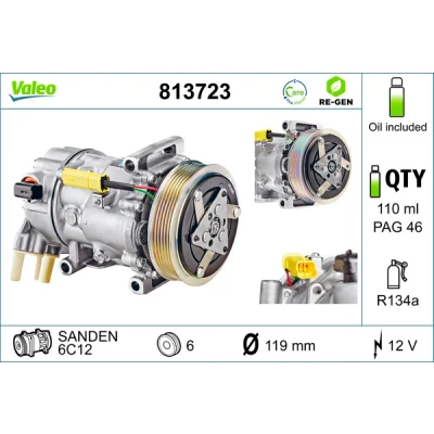 Bilde av VALEO 813723 Kompressor 6C12 12 PAG 46 R 134a med kompressorlje REMANUFACTURED CITROËN: C3 Picasso, DS3 Hatchback, C4 I Hatchback