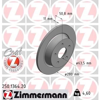Bilde av ZIMMERMANN COAT Z 250.1364.20 Bremseskiver 280 11 5/5 5 108 fullt ut belagt FORD: Transit Connect V408 Van, KUGA 2, C Max 2