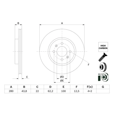 Bilde av BOSCH 0 986 479 E98 Bremseskiver 280 22 4 100 ventilert belagt høy karbon med skruer KIA: RIO 4, 3, HYUNDAI: i20 II Hatchback