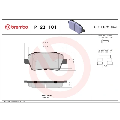 Bilde av BREMBO P 23 101 Bremseklosser ekskl. slitasjevarselkontakt med bremsecaliperskruer tilbehør FIAT: Croma II Stasjonsvogn