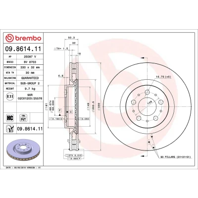 Bilde av BREMBO COATED DISC LINE 09.8614.11 Bremseskiver 330 32 5 innvendig ventilert belagt høy karbon VOLVO: V70 2, S60 I