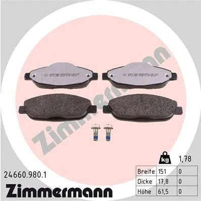 Bilde av ZIMMERMANN 24660.980.1 Bremseklosser med skruer Bildet viser leveranseinnholdet PEUGEOT: 3008 I, 308 I Hatchback, SW