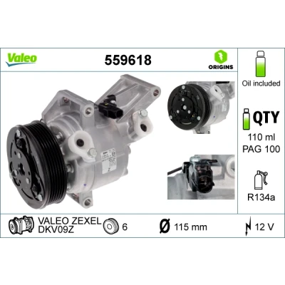 Bilde av VALEO 559618 Kompressor DKV09Z 12 PAG 100 R 134a med kompressorlje