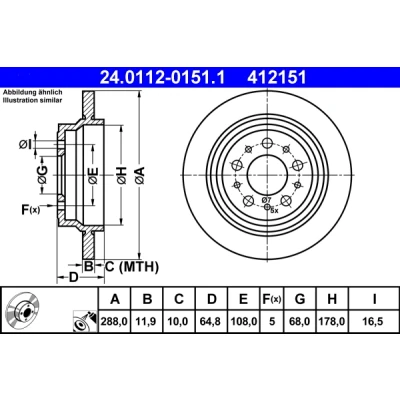 Bilde av ATE 24.0112 0151.1 Bremseskiver 288,0 11,9 5 108,0 fullt ut belagt VOLVO: S80 I, XC70 I Cross Country, V70 2