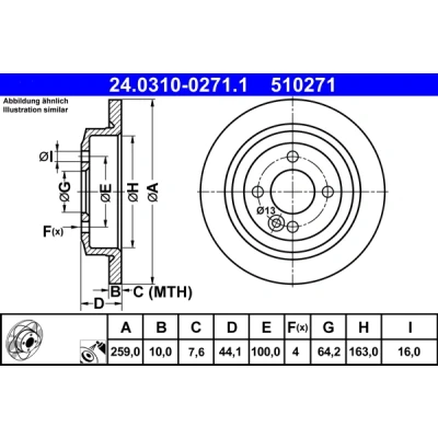 Bilde av ATE PowerDisc 24.0310 0271.1 Bremseskiver 259,0 10,0 4 100,0 fullt ut belagt MINI: Hatchback, Clubman, Cabrio