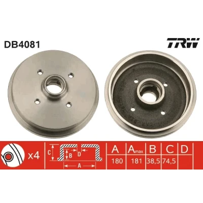 Bilde av TRW DB4081 Bremsetrommel uten hjullager, ABS sensorring 190 VOLKSWAGEN: GOLF 2, 1, 3