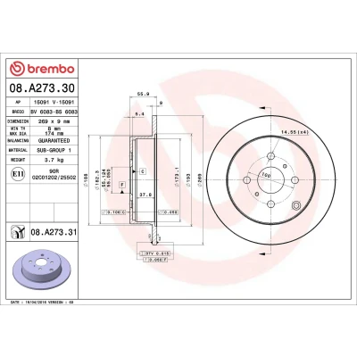 Bilde av BREMBO COATED DISC LINE 08.A273.31 Bremseskiver 269 9 4 fullt ut belagt TOYOTA: Corolla IX Sedan